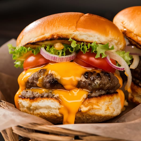 A double cheeseburger with melted cheese, lettuce, tomatoes, and red onions in a basket.