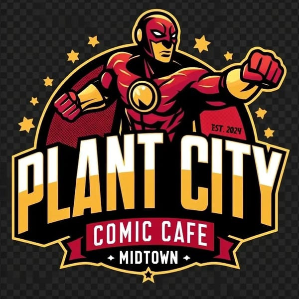 Plant City Comic Cafe logo featuring a red and yellow superhero with stars and "EST. 2024".