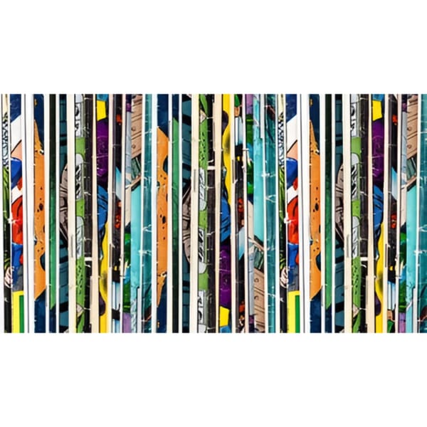 A close-up of colorful comic book spines, creating a vibrant, textured pattern.