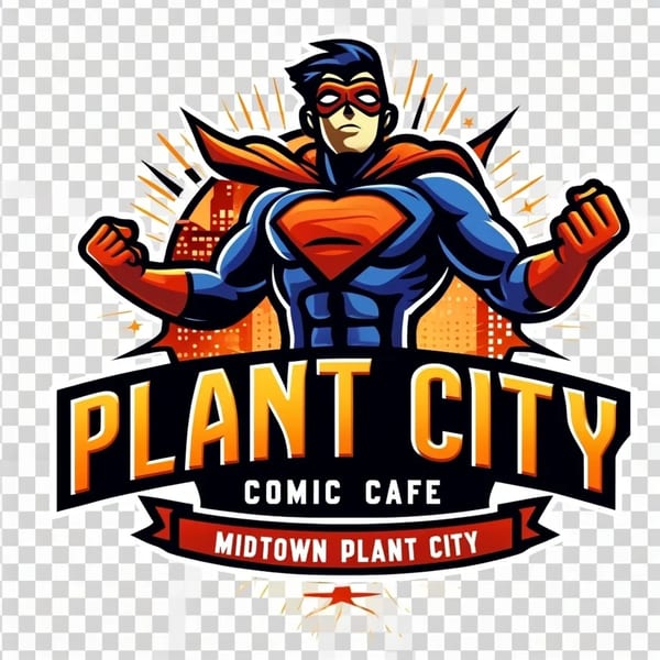 Plant City Comic Cafe logo featuring a superhero in blue and orange with a city skyline background.