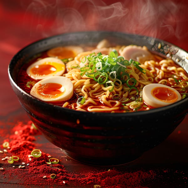 Steaming bowl of ramen with noodles, soft-boiled eggs, and green onions on a red background.