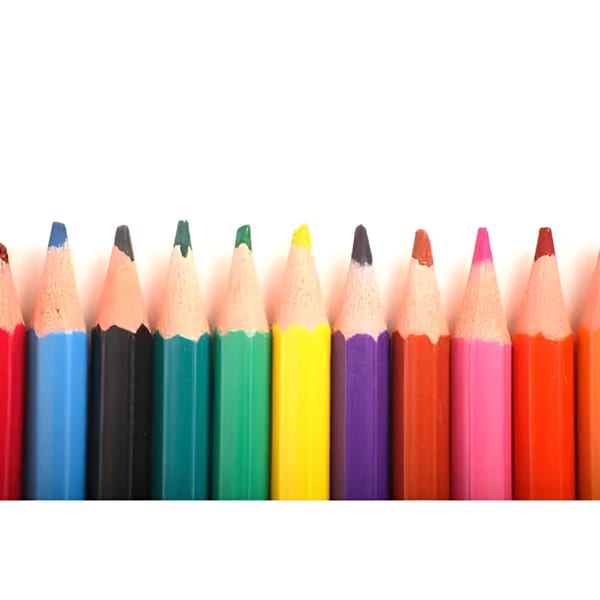 A row of brightly colored pencils with sharpened tips, against a white background.