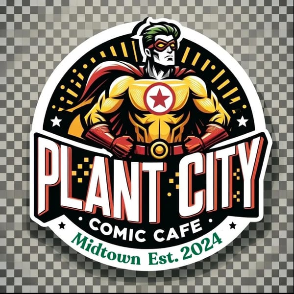 Plant City Comic Cafe logo with a superhero in a yellow suit, red cape, and mask.