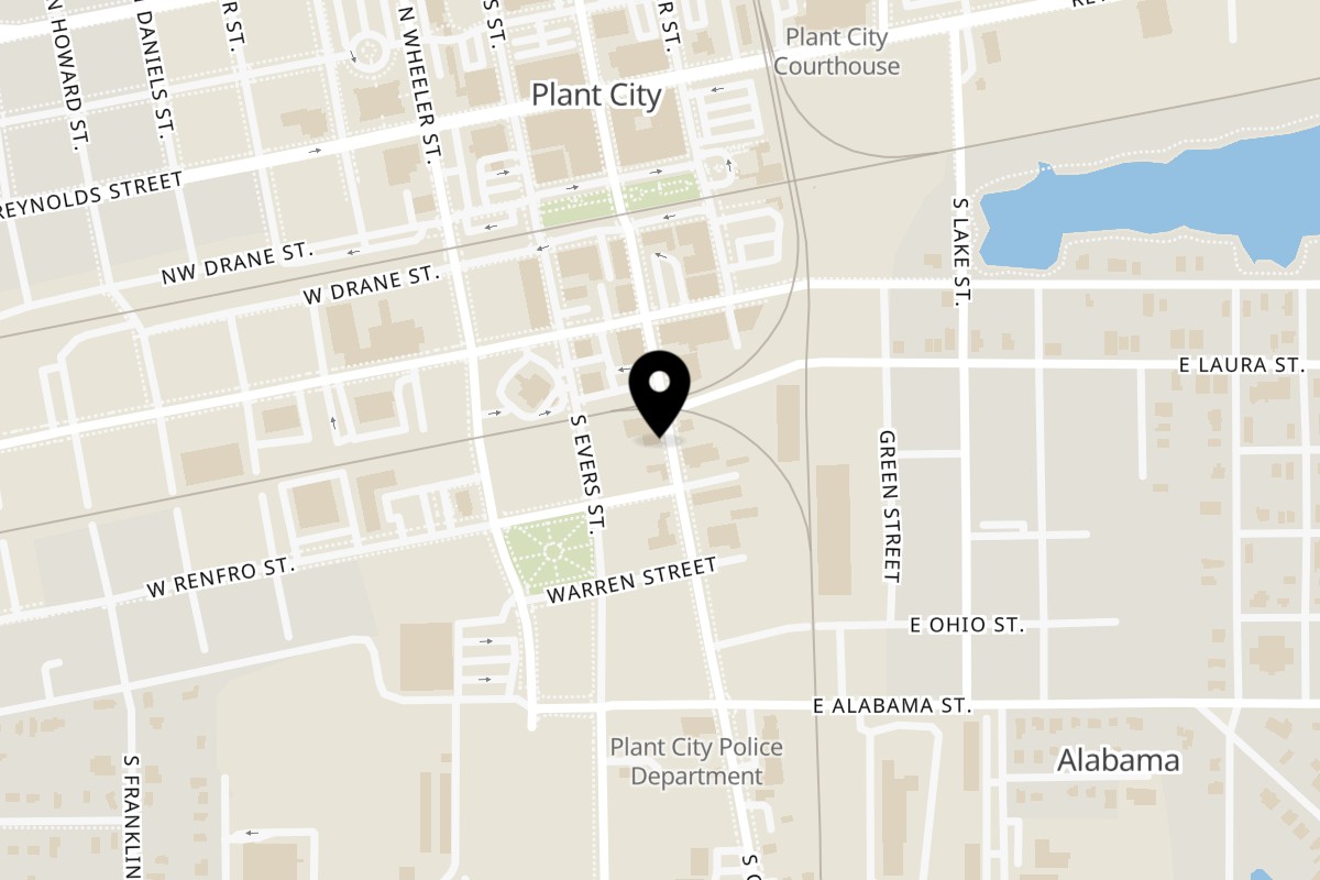 Map showing the location of Plant City Comic Cafe on 303 S Collins St in Plant City